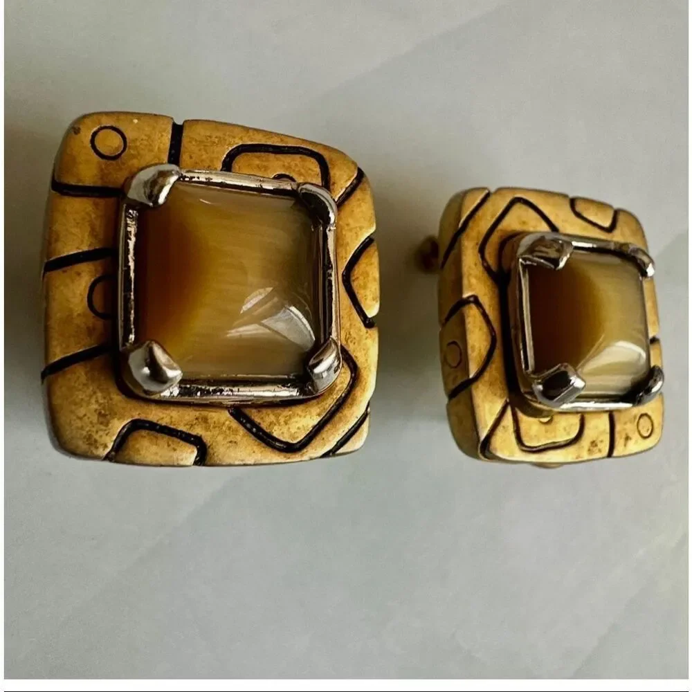 Gold Tone Square Earrings with Cat’s Eye Style Glass